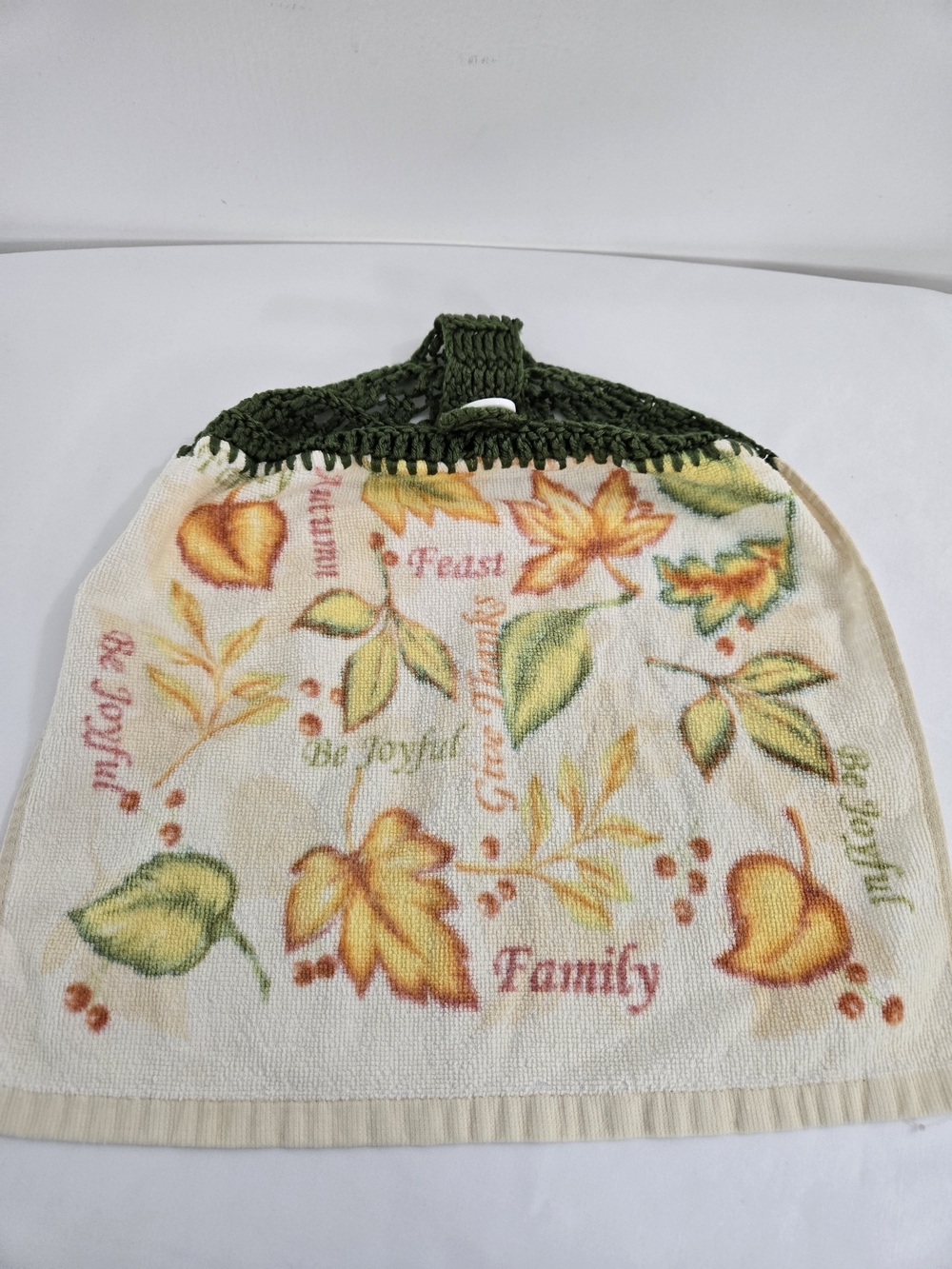 Fall Harvest Hanging Kitchen Towel Crochet Top Button Autumn Thanksgiving Decor